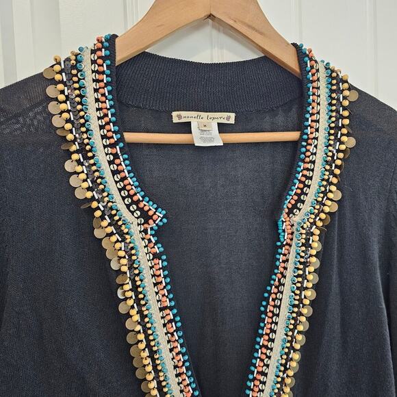 Nanette Lepore Cardigan Womens Size Medium Beaded Black Sweater Embellished Boho - Picture 3 of 10